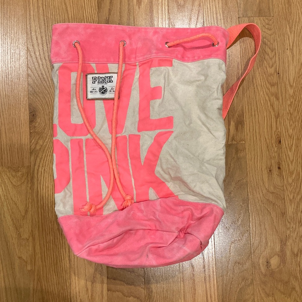 PINK Victoria's Secret Neon Pink and Cream Drawstring Tote